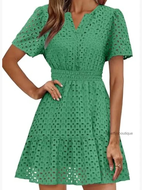 V-Neck Eyelet Lace A-Line Short Dress, Summer Casual, Fully Lined - Picture 2 of 7